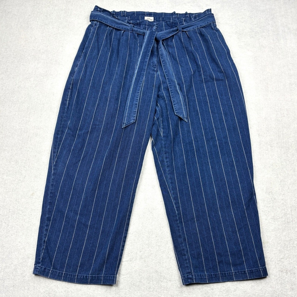JCrew Pants Womens 16 Blue Pinstripe Denim Paperbag Tie Waist Wide Leg AN047